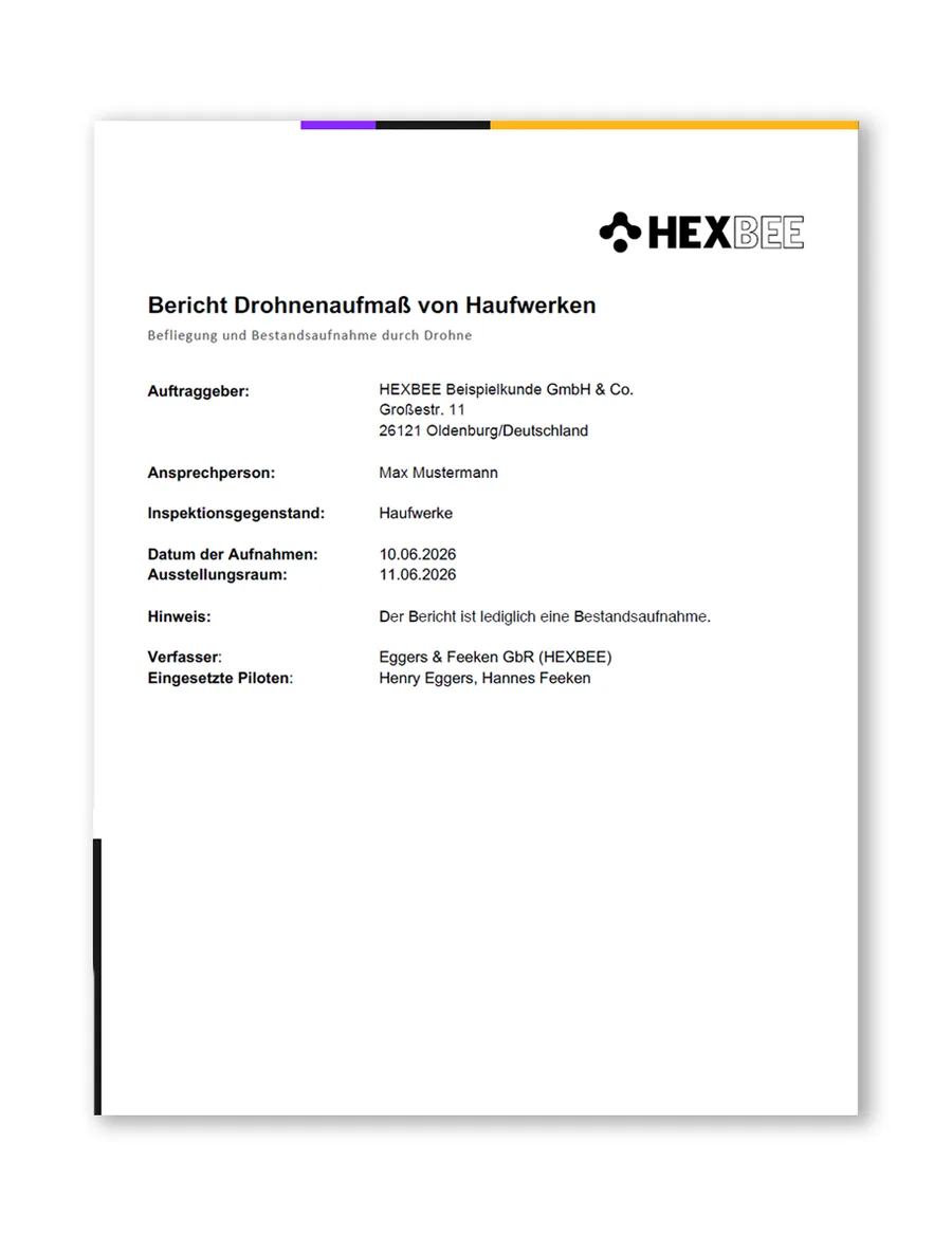 Titelseite des HEXBEE-Volumenberichts mit Angaben zu Auftraggeber, Gegenstand und Datum der Aufnahme