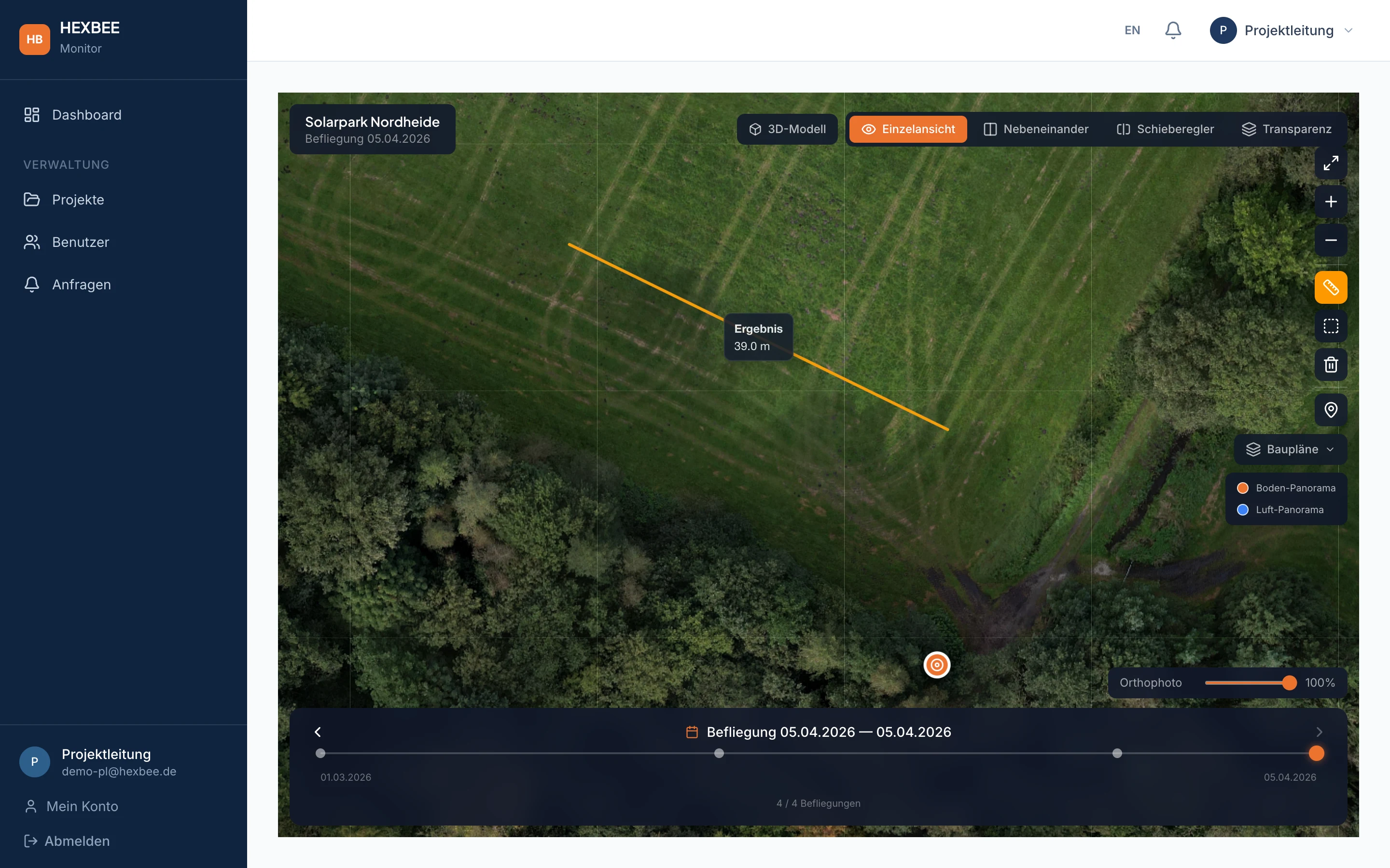 HEXBEE Monitor Viewer mit Orthofoto-Karte und Messwerkzeugen